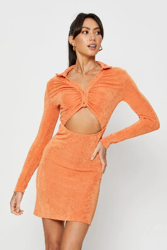 Orange Mini Dress Slinky Jersey Cut Out