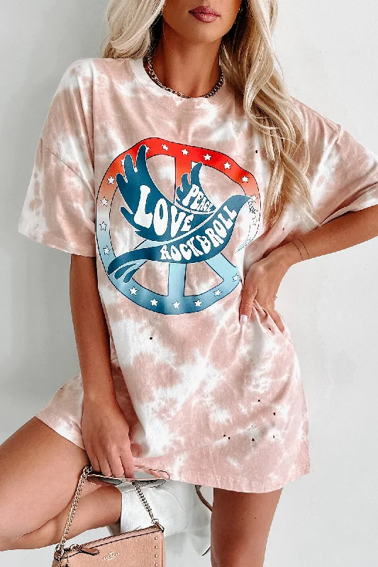 ""Peace, Love, Rock & Roll"" Oversized Distressed Tie-Dye Graphic T-Shirt (Pastel Pink) - Print On Demand