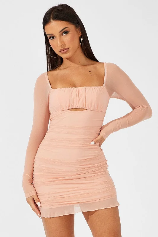 Pink Bodycon Dress Ruched Mesh