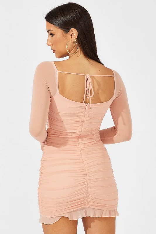 Pink Bodycon Dress Ruched Mesh