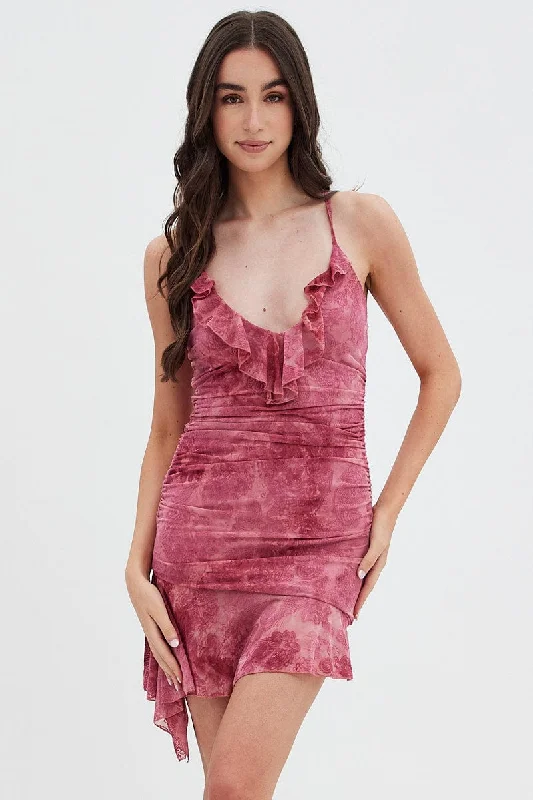 Pink Paisley Mesh Mini Dress V Ruffle Neck Burnt Out Paisley