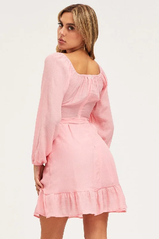 Pink Skater Dress Long Sleeve Mini Ruffle