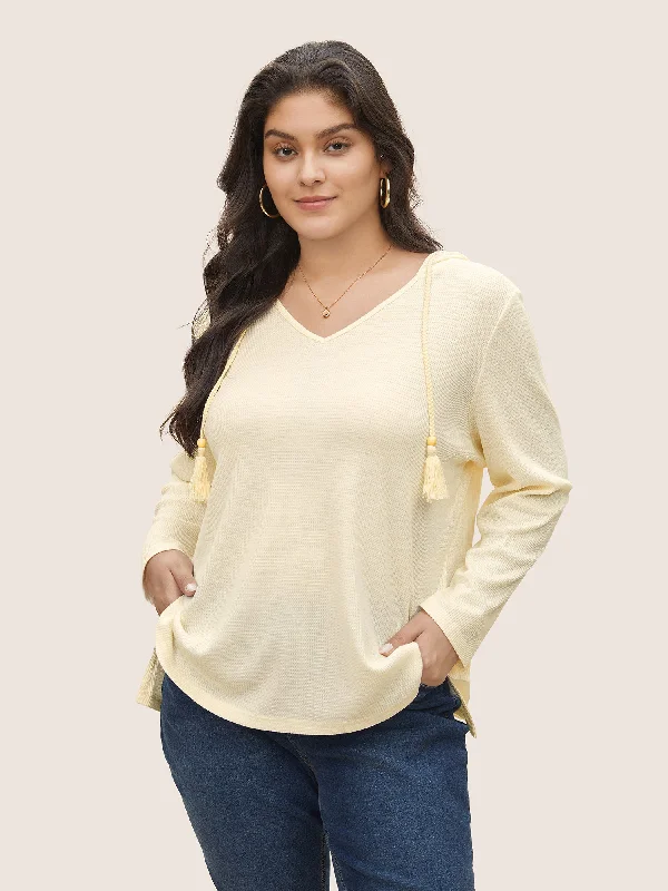 Plain Waffle Knit Tassel Trim Hooded Sweatshirt