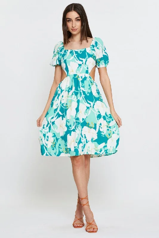 Print Midi Dress Ruffle Detail Skater