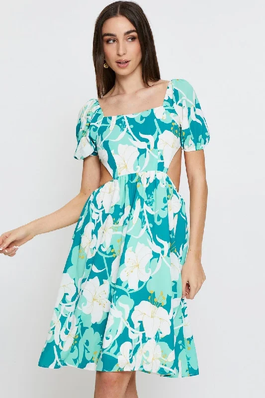 Print Midi Dress Ruffle Detail Skater