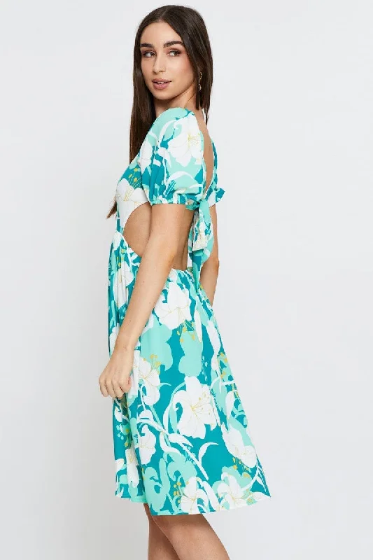 Print Midi Dress Ruffle Detail Skater