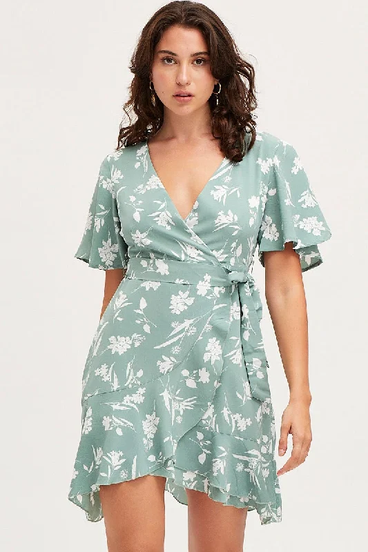 Print Wrap Dress Short Sleeve Mini Ruffle