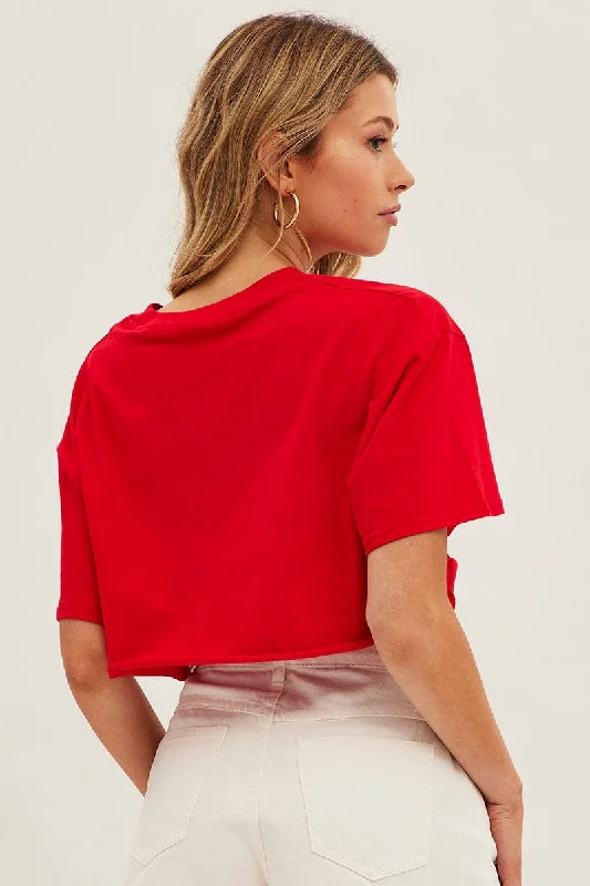 Red Crop T Shirt Short Sleeve Crew Neck Hamptons