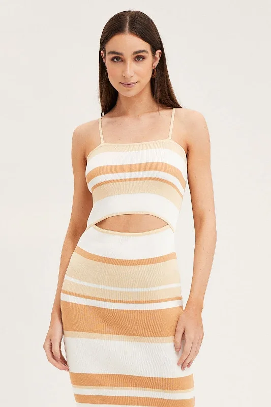 Stripe Midi Dress Sleeveless Cut Out Square Neck