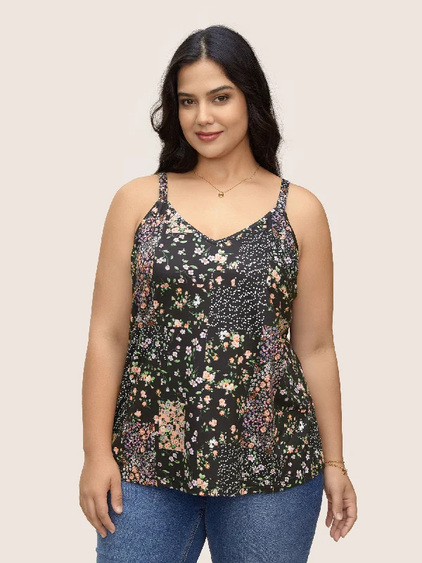 V Neck Ditsy Floral Patchwork Cami Top