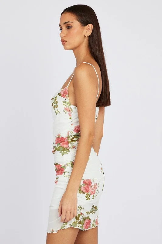 White Floral Bodycon Dress Ruffle Mesh