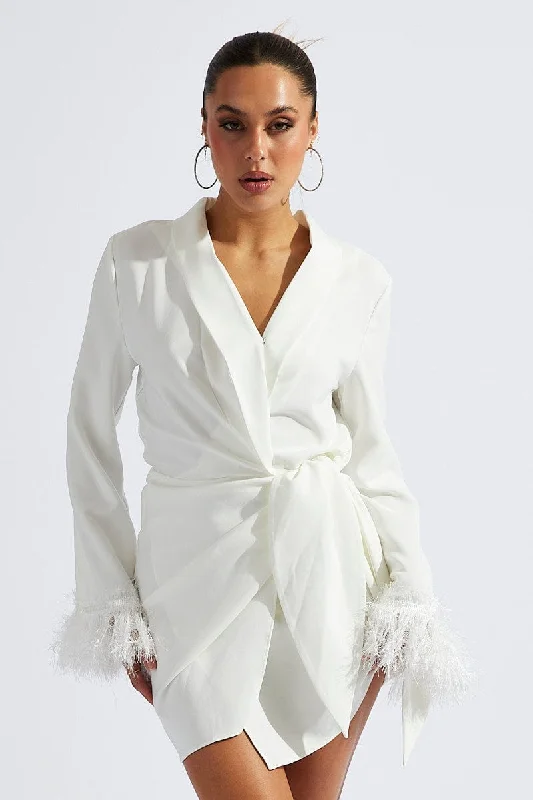 White Wrap Dress Long Sleeve Faux Feather Cuffs