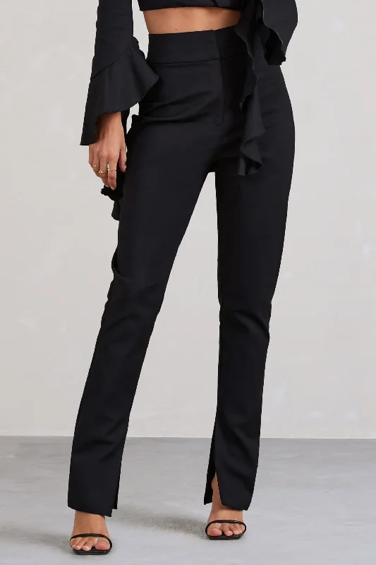 Addilyn | Black Cotton-Blend Tailored Straight-Leg Split Trousers