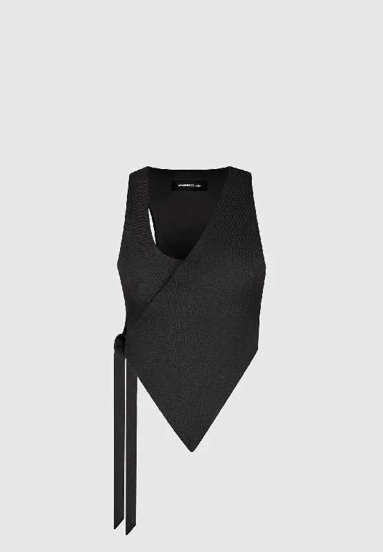 Asymmetric Tailored Waistcoat with Tie - Black