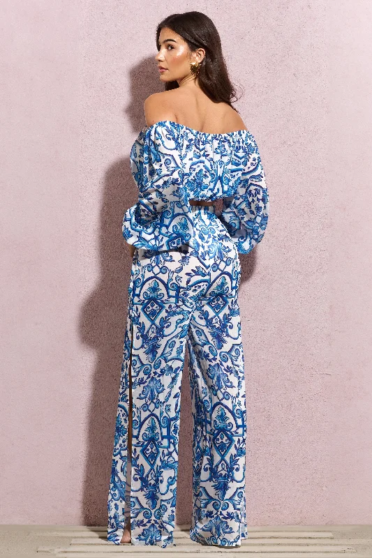 Bea | Blue Porcelain Print Chiffon Split Wide-Leg Trousers