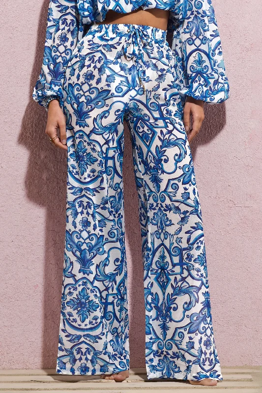 Bea | Blue Porcelain Print Chiffon Split Wide-Leg Trousers