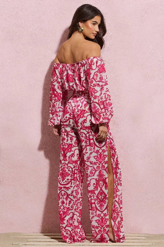 Bea | Pink Porcelain Print Chiffon Split Wide-Leg Trousers