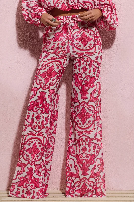 Bea | Pink Porcelain Print Chiffon Split Wide-Leg Trousers