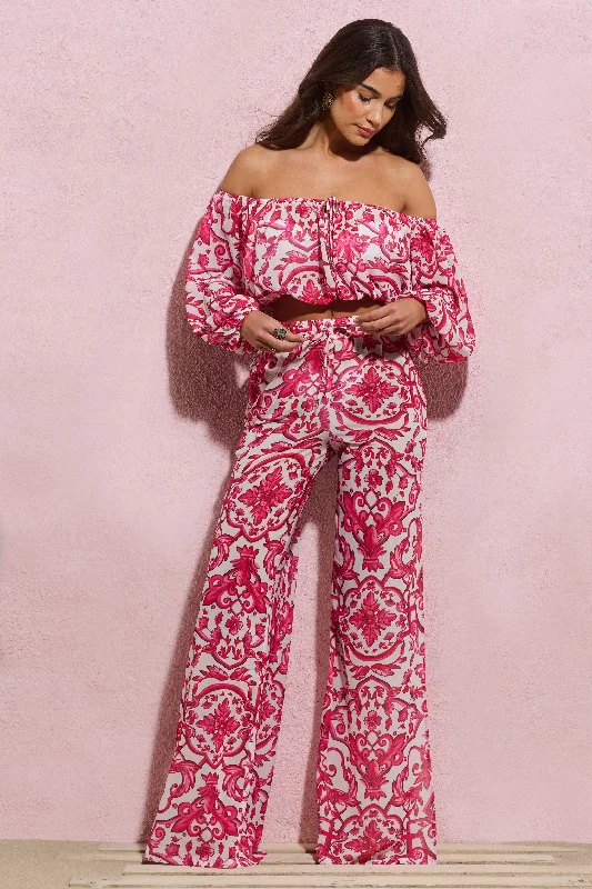 Bea | Pink Porcelain Print Chiffon Split Wide-Leg Trousers