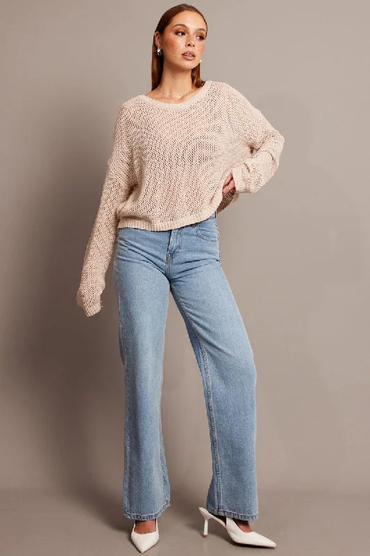 Beige Crochet Knit Top Boat Neck Long Sleeve