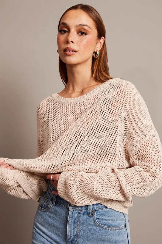 Beige Crochet Knit Top Boat Neck Long Sleeve