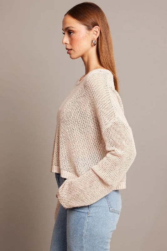 Beige Crochet Knit Top Boat Neck Long Sleeve