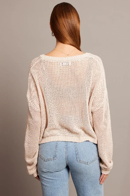 Beige Crochet Knit Top Boat Neck Long Sleeve