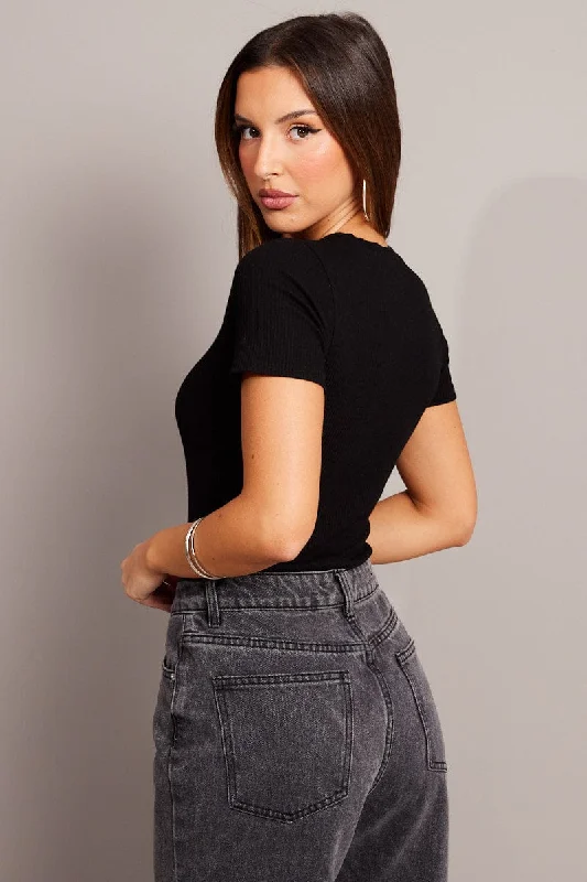 Black Bodysuit Short Sleeve Crew Neck Rib Jersey