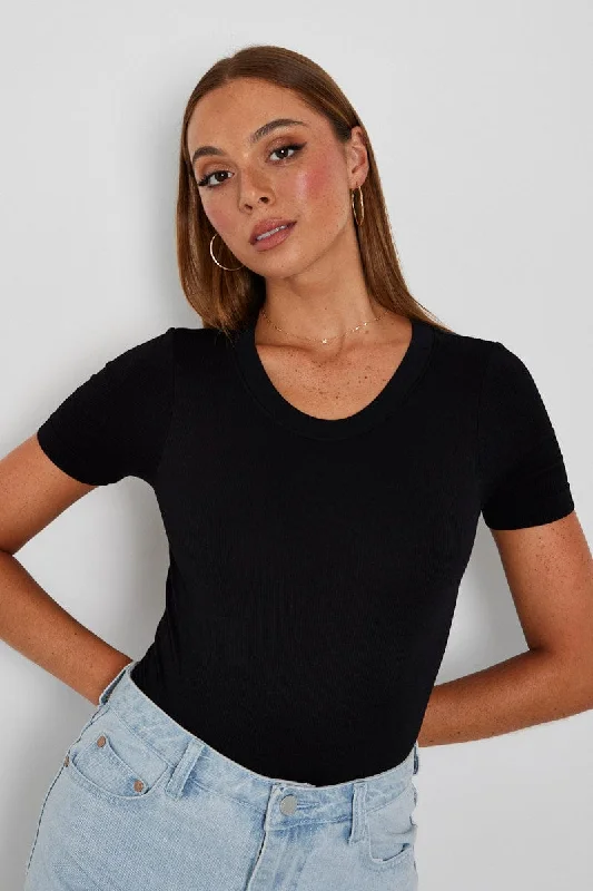 Black Bodysuit Short Sleeve Crew Neck Seamless