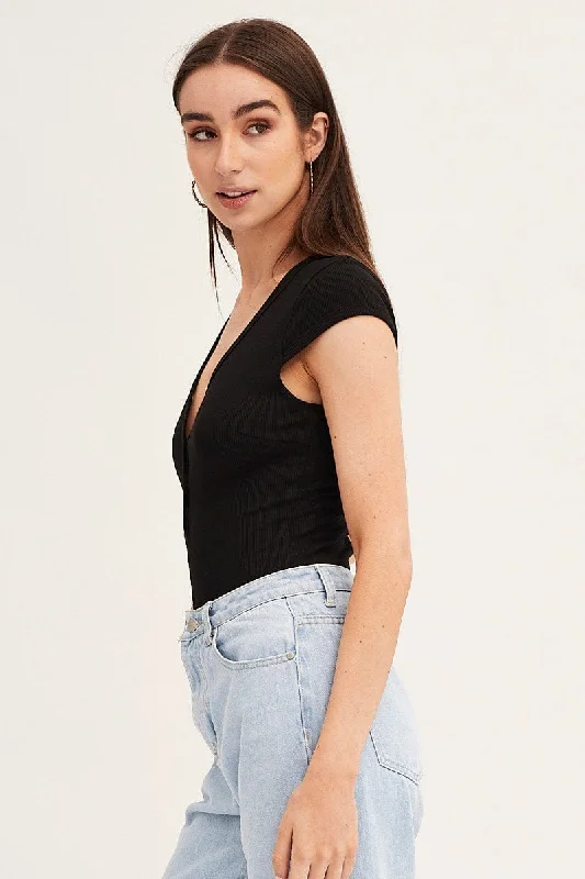 Black Bodysuit Snap Button Short Sleeve Rib