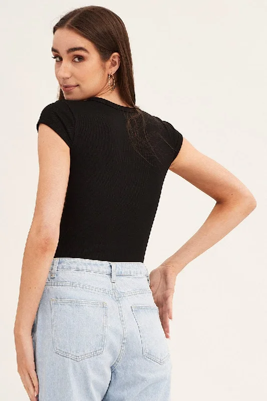 Black Bodysuit Snap Button Short Sleeve Rib