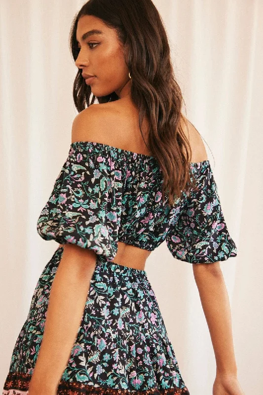 Black Boho Crop Top Off Shoulder