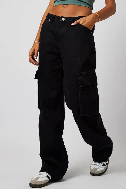 Black Cargo Jean Mid Rise