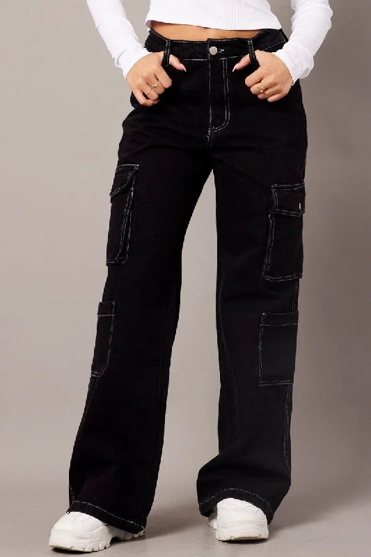 Black Cargo Jean Mid Rise