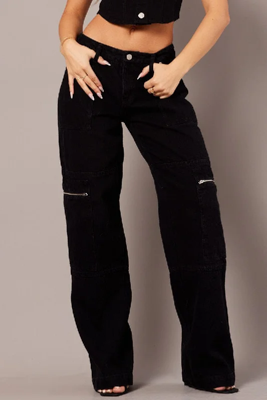 Black Cargo Jean Mid Rise