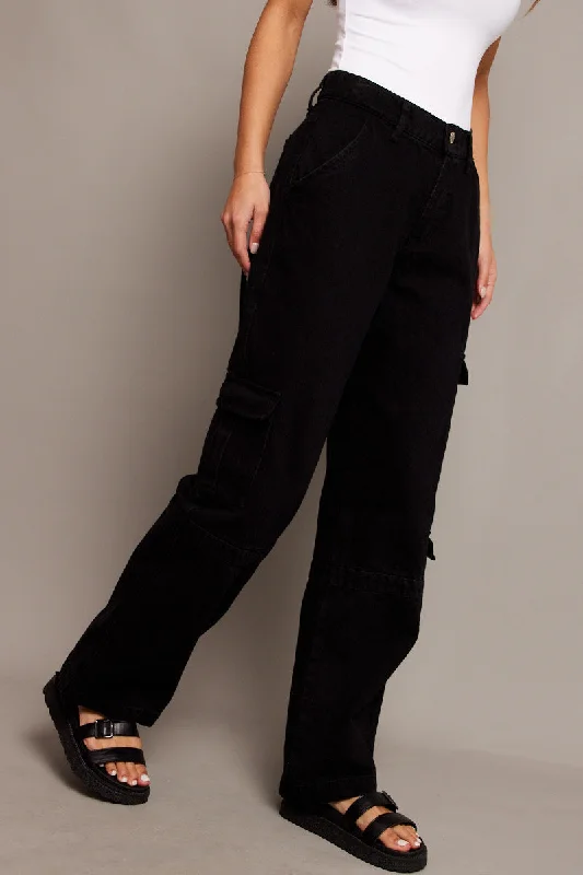 Black Cargo Jean Mid Rise