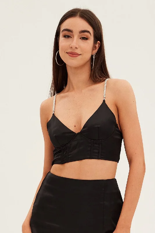 Black Corset Top Sleeveless Crop Diamantes Party Satin