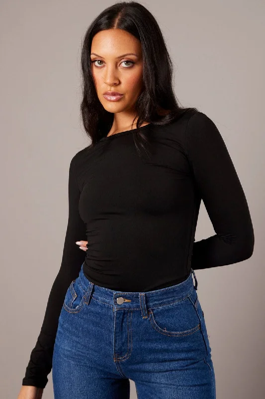 Black Fleece Lined Top Long Sleeve Crew Neck