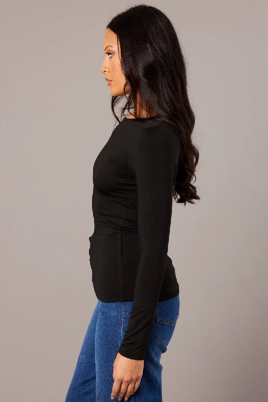 Black Fleece Lined Top Long Sleeve Crew Neck