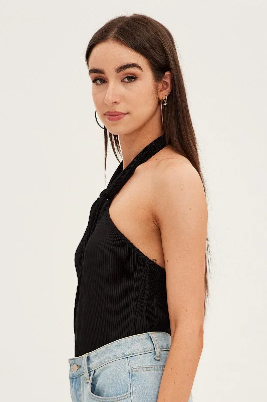 Black Plisse Bodysuit Twist Halter Sleeveless