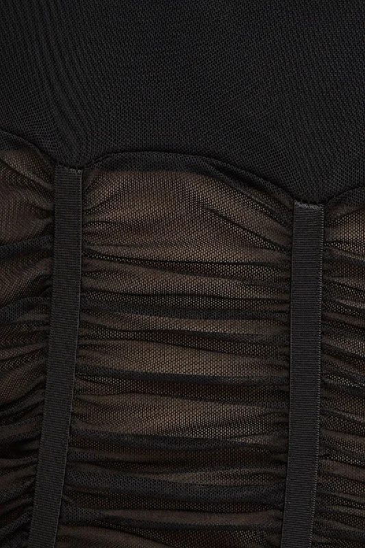 Black Sleeveless Corset Look Waist Detail Mesh Bodysuit