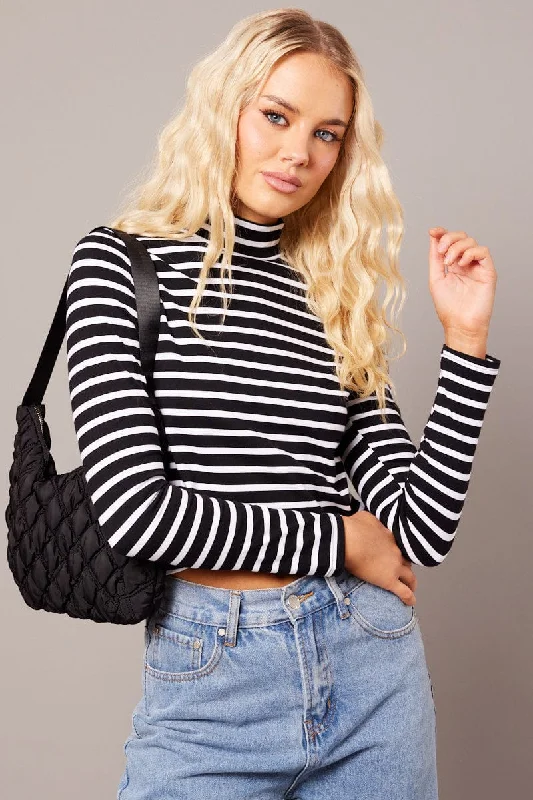 Black Stripe Top Long Sleeve High Neck