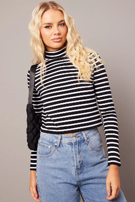 Black Stripe Top Long Sleeve High Neck