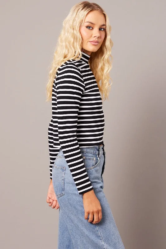 Black Stripe Top Long Sleeve High Neck