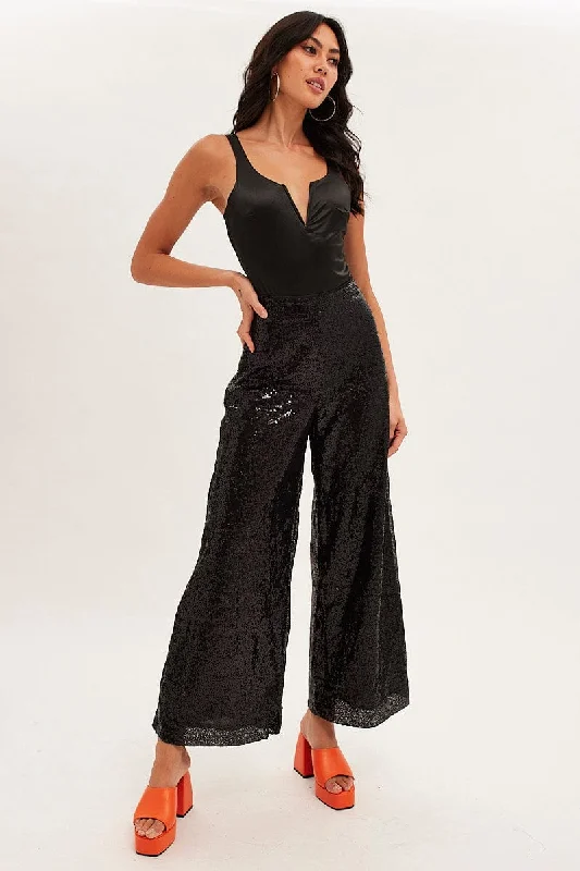 Black V Front Bodysuit Sleeveless Notched Neck Satin