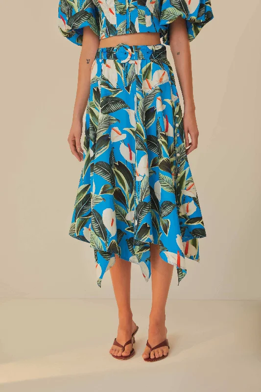 Blue Anthurium Garden Asymmetric Midi Skirt