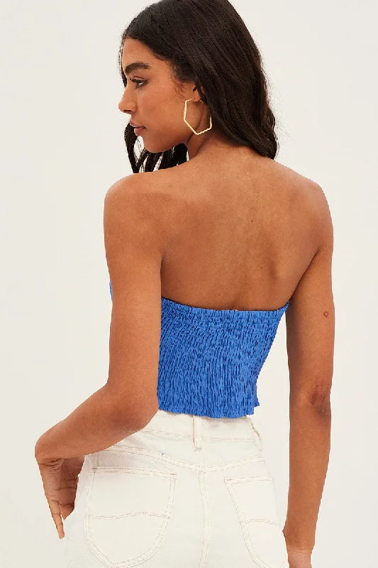 Blue Corset Bandeau Top Strapless Crop Shirred Back