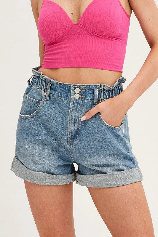 Blue Denim Shorts High Waist Paperbag