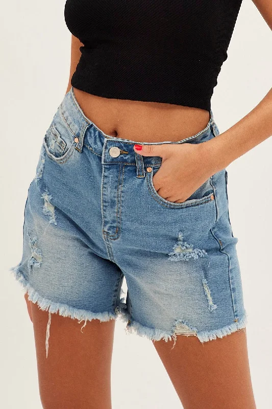 Blue High Rise Distressed Skinny Denim Shorts