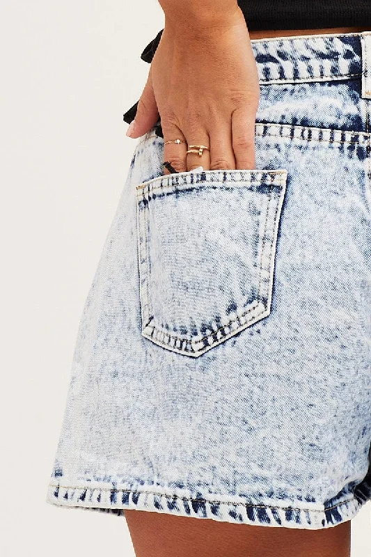 Blue High Rise Pleats Denim Shorts